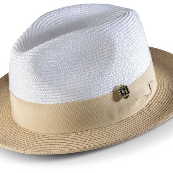 - BEIGE Two-tone Pinch Hat Wide Brim Matching Grosgrain Ribbon Straw Fedor… H-47
